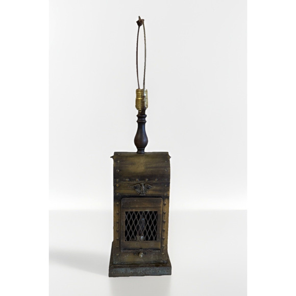 Vintage Lantern-Style Table Lamp Brass & Wood Gothic Medieval Revival 27.5” Ta